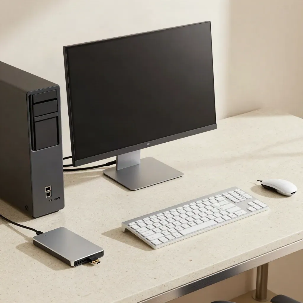 Neu eingerichteter PC mit Monitor, USB-Installer und weißer Tastatur auf hellem Travertin.