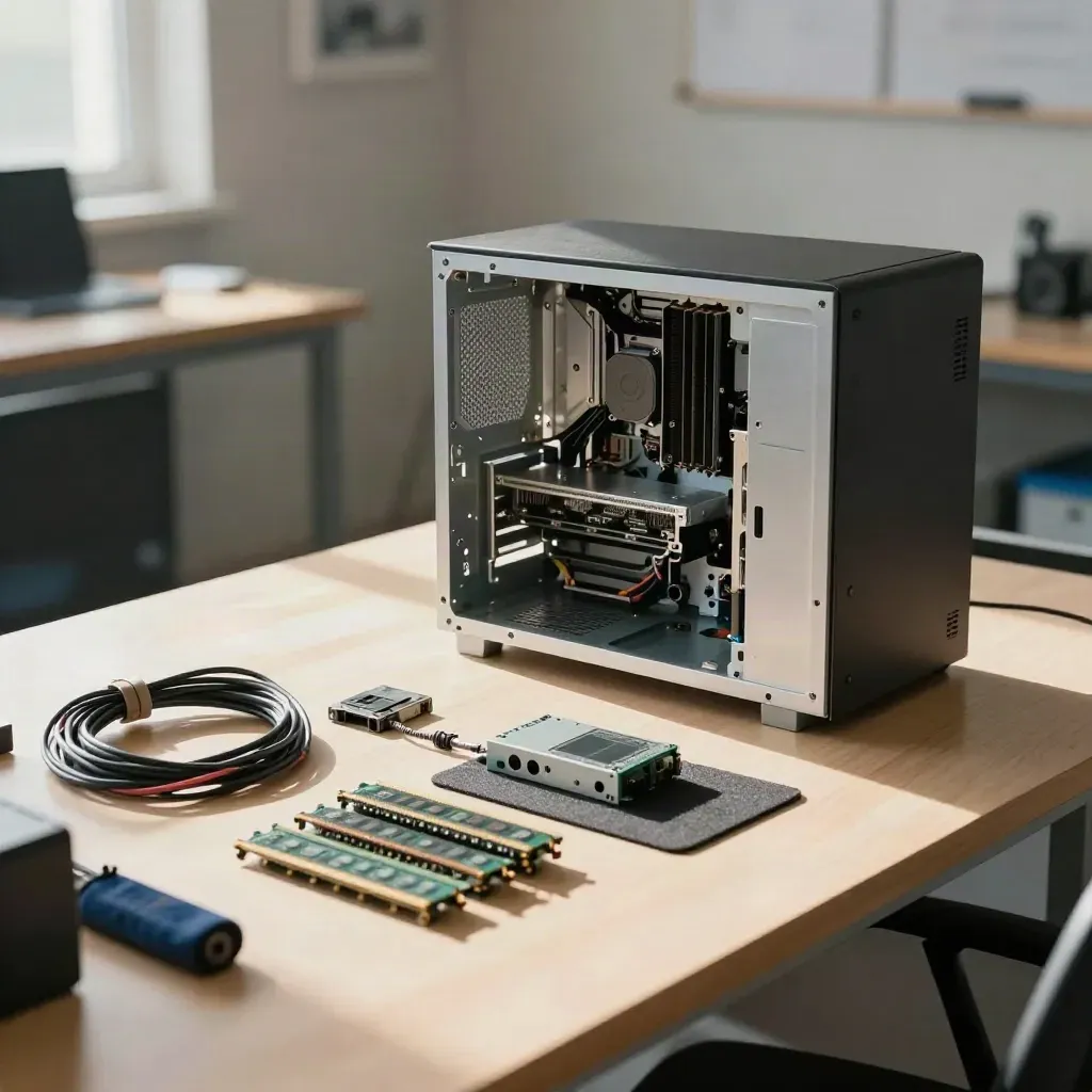 Offene PC-Werkbank mit Tower, SSD, Kühlkörper und Ersatzteilen im Morgenlicht.