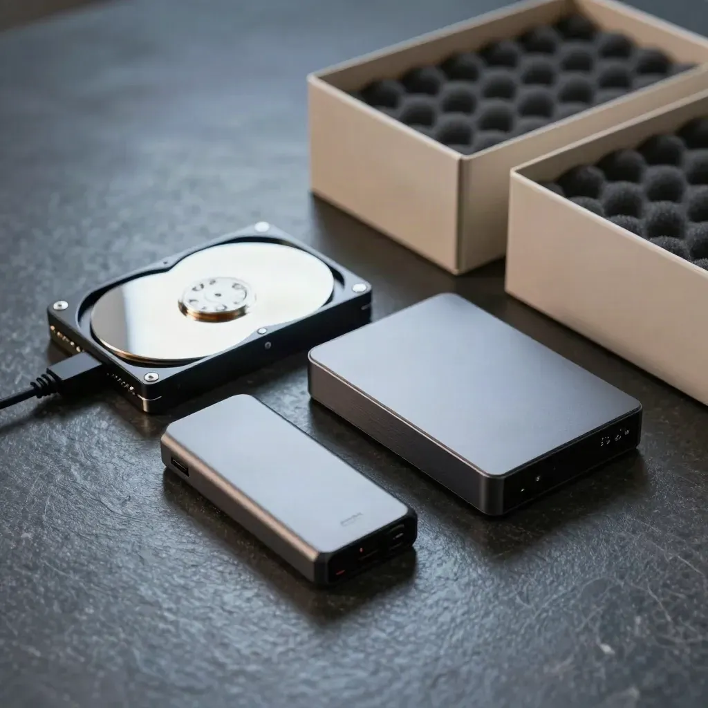 Externe Festplatte, Dockingadapter und Schutzboxen auf dunklem Stein im dramatischen Licht.