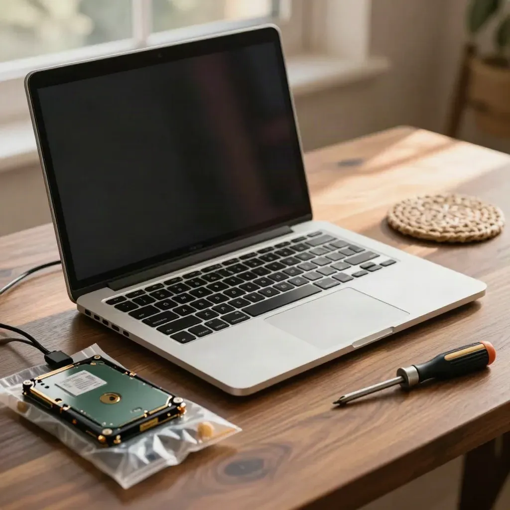 Alter Laptop mit SSD, Antistatik-Beutel und sanftem Startglow auf Holztisch.