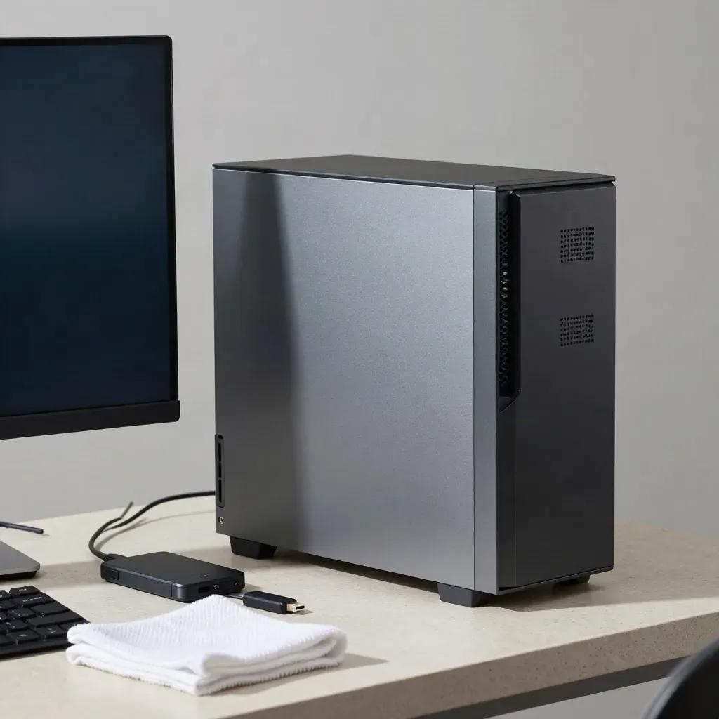 Gereinigter PC mit dunklem Monitor, Rettungsdrive und Mikrofasertuch auf hellem Servicetisch.