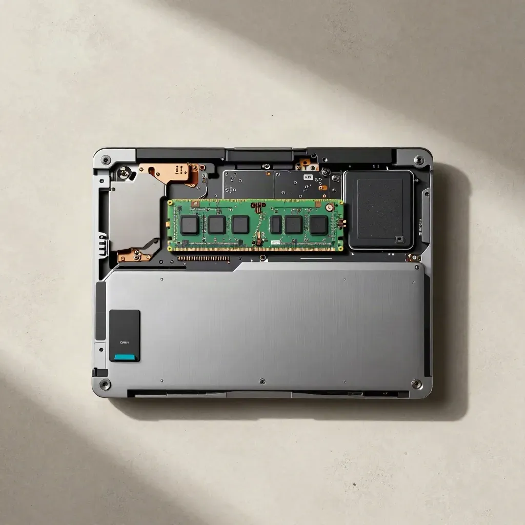 Geöffneter Laptop-Boden mit RAM, SSD und Schraubenmatte auf hellem Stein.