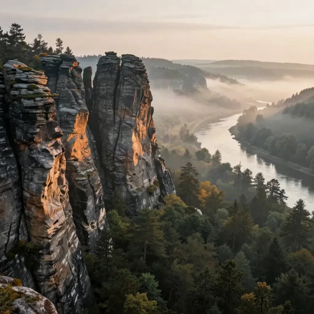 Bastei-Felsen über dem nebligen Elbtal im goldenen Licht nach einem Regenschauer